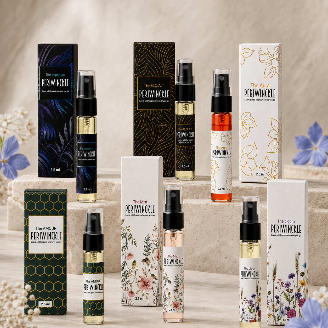 The Full House six-vial perfume discovery set displayed on stone