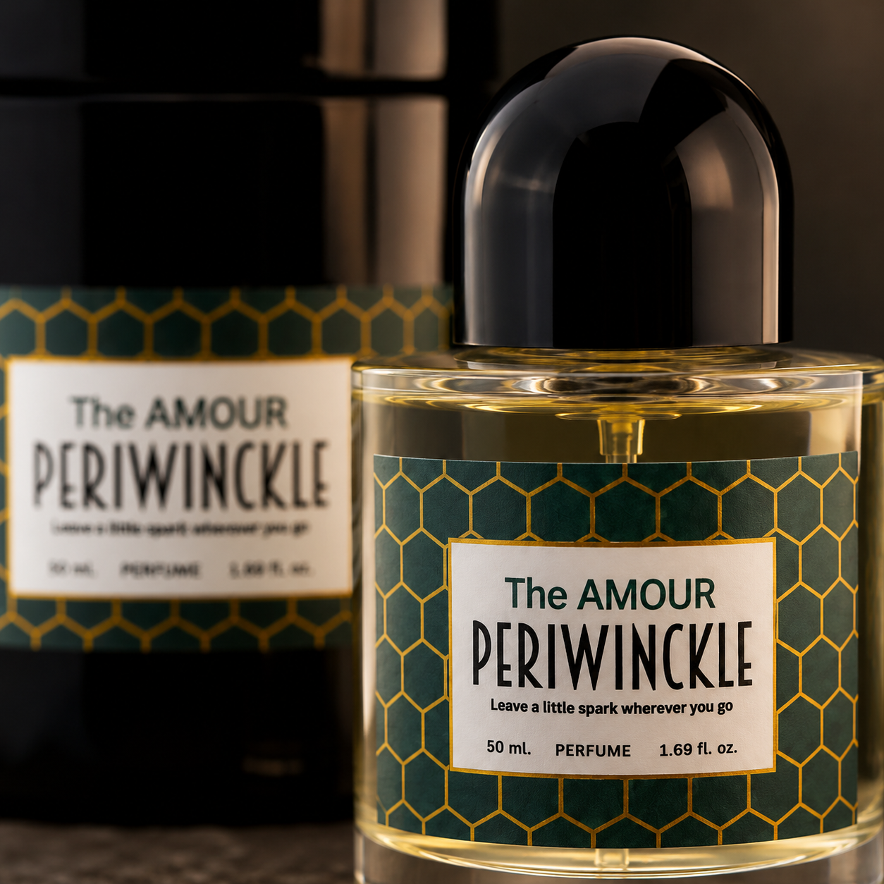 Close detail of The Amour 50ml parfum bottle and green geometric label