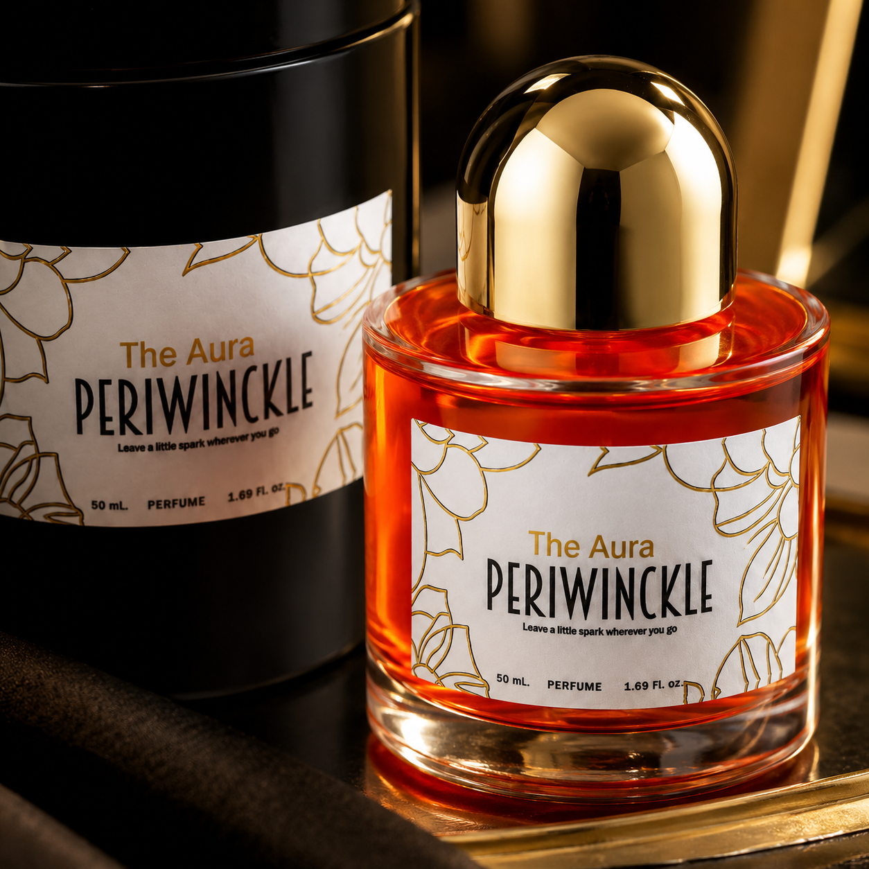 Close detail of The Aura 50ml parfum bottle and floral outline label