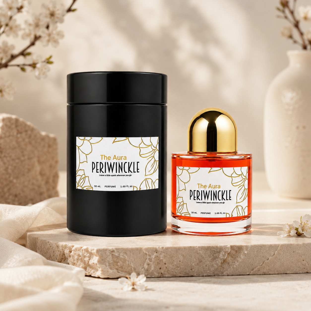 The Aura 50ml parfum bottle and packaging in a styled product display