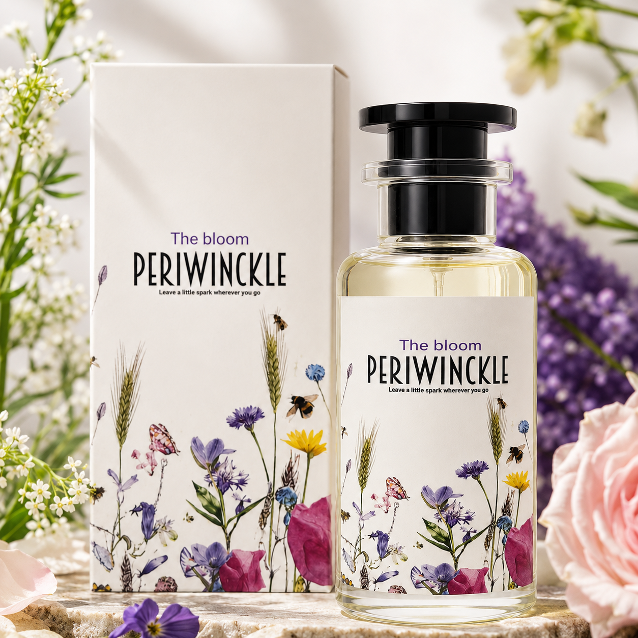 Close detail of The Bloom 50ml parfum bottle and floral label