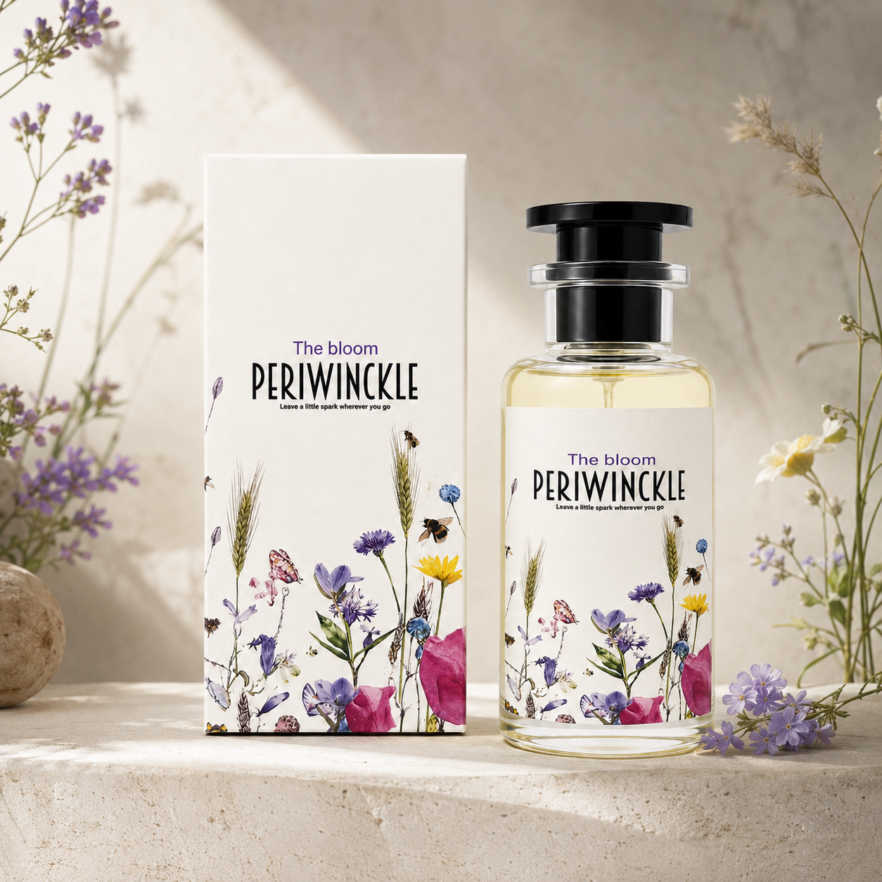 The Bloom 50ml parfum bottle and packaging in a styled product display