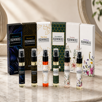 The Full House Periwinckle discovery vials displayed on marble