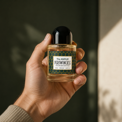 The Amour 50ml Periwinckle parfum bottle held in hand for scale