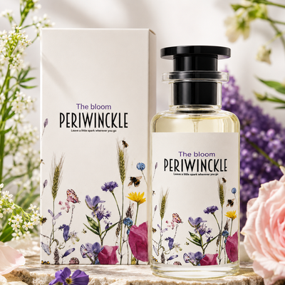 Close detail of The Bloom 50ml parfum bottle and floral label