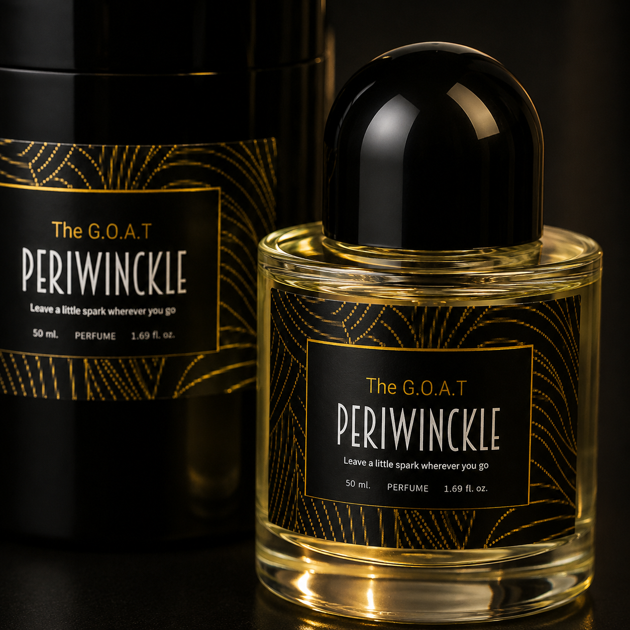 Close detail of The G.O.A.T 50ml parfum bottle and geometric label