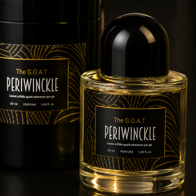 Close detail of The G.O.A.T 50ml parfum bottle and geometric label