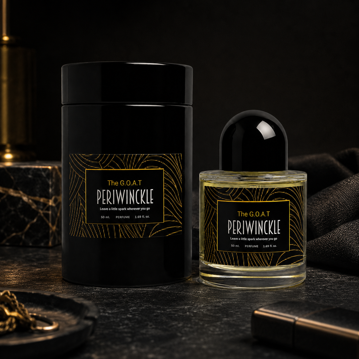 The G.O.A.T 50ml bold parfum bottle in a dark lifestyle setting