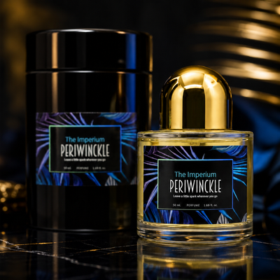 Close detail of The Imperium 50ml parfum bottle and tropical label