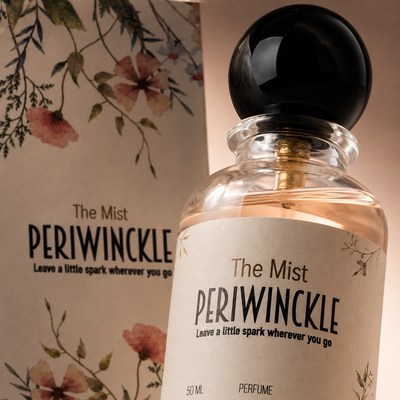 Close detail of The Mist 50ml parfum bottle and floral label