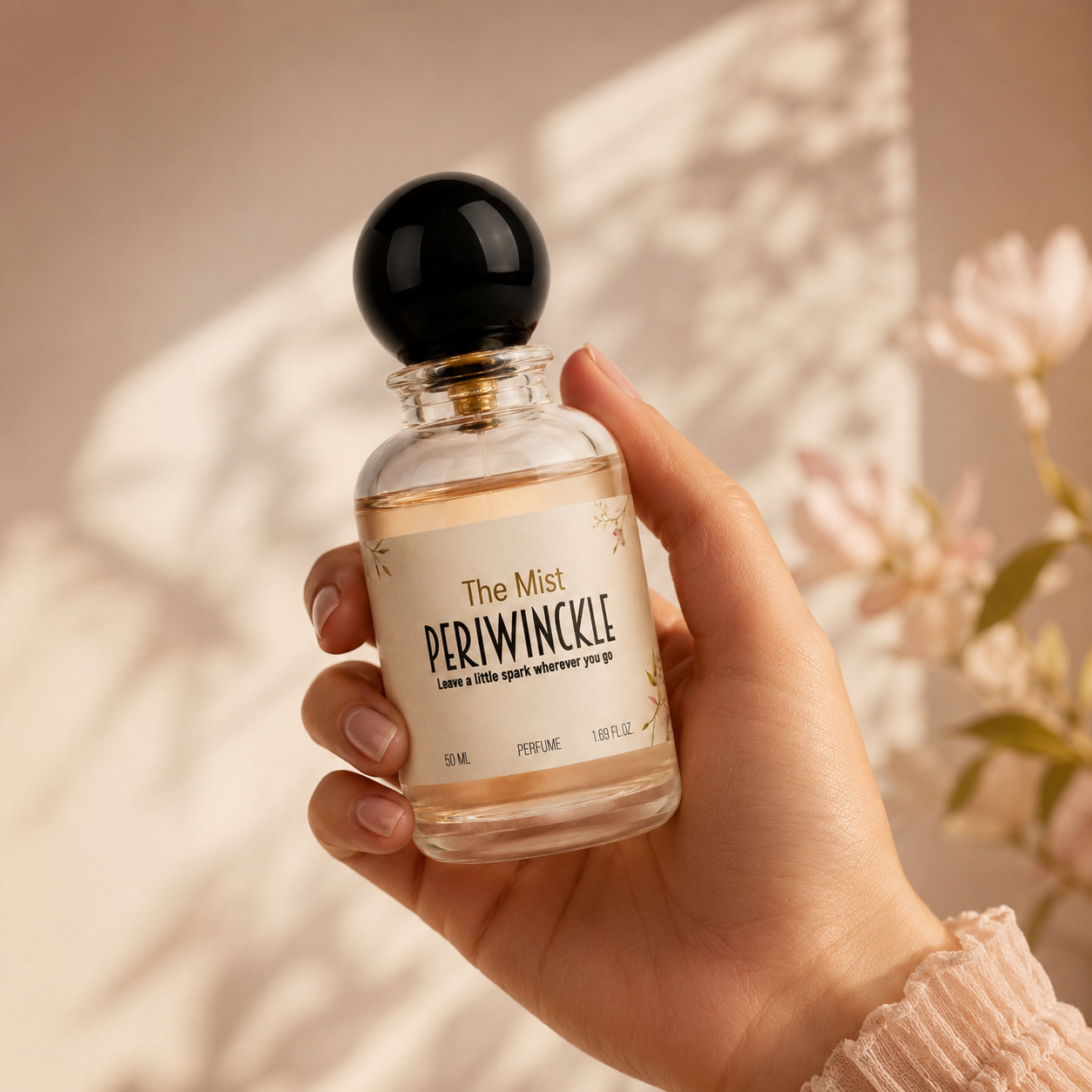 The Mist 50ml Periwinckle parfum bottle held in hand for scale