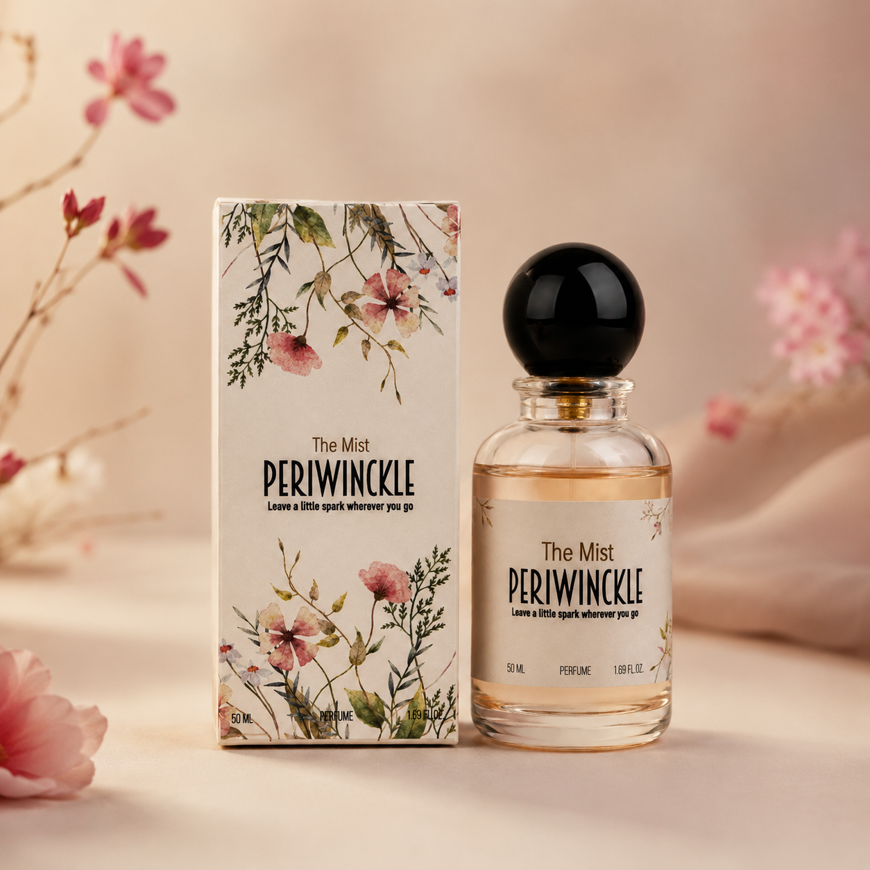 The Mist 50ml parfum bottle and packaging in a styled product display